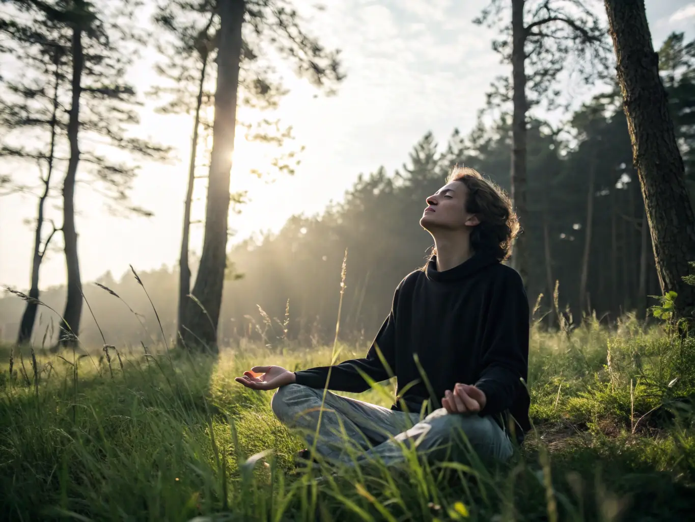 A serene image of a person practicing mindfulness and meditation in a peaceful setting, representing improved well-being.