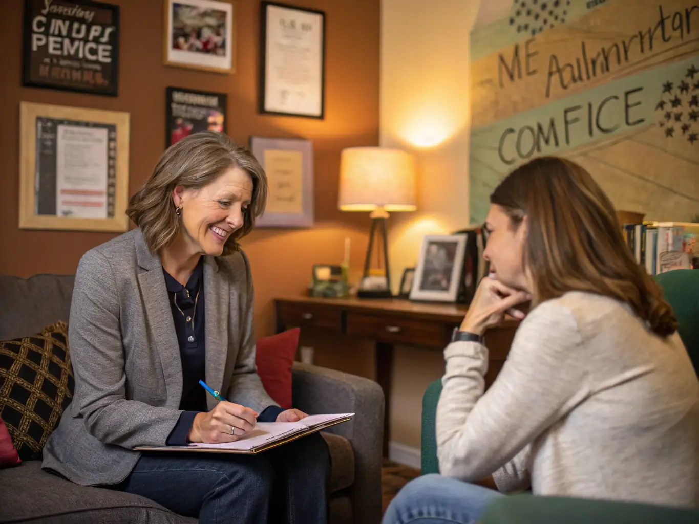 An image of a coach and client engaged in a motivating coaching session, with a focus on positive body language and an inspiring environment.