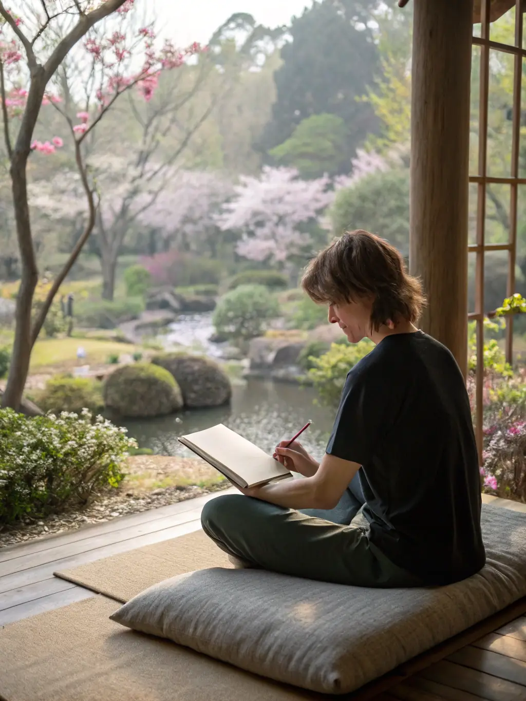 A person meditating in a peaceful garden, representing mindfulness and inner peace, suitable for a personal development coaching service.